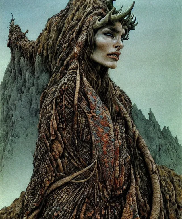 Image similar to A detailed horned snakewoman stands among the hills. Wearing a ripped mantle, robe. Perfect faces, extremely high details, realistic, fantasy art, solo, masterpiece, art by Zdzisław Beksiński, Arthur Rackham, Dariusz Zawadzki