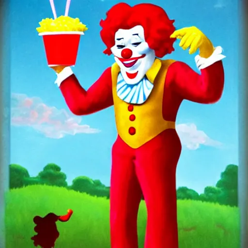 Image similar to sinister clown Ronald McDonald crushing rats into nuggets