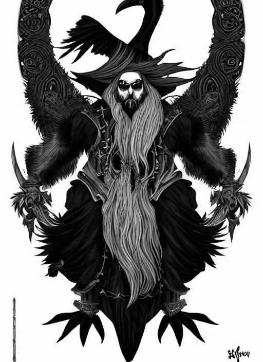 Prompt: raven warlock, wind magic, exquisite details, black beard, white background, by studio muti