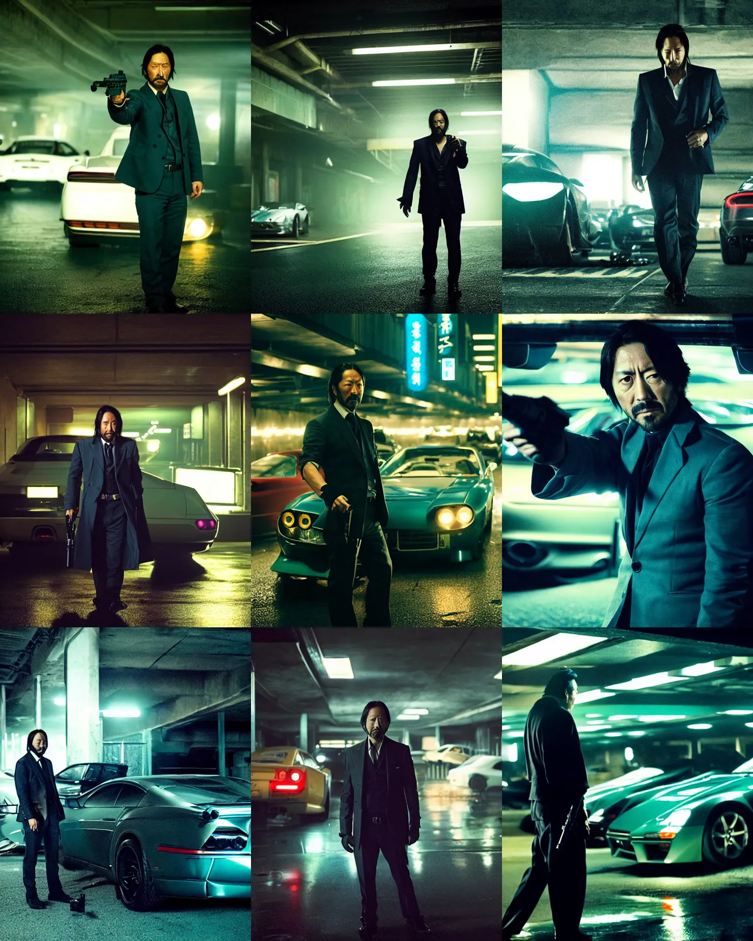 Prompt: denis villeneuve movie still of hiroyuki sanada as yakuza by greg rutkowski in an underground parking lot, holding a gun, many exotic cars, rack focus, close establishing shot, monochromatic teal, dark teal lighting, soft dramatic lighting, 4 k digital camera