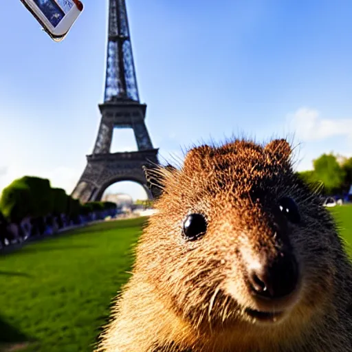 Image similar to a quokka taking a selfie in front of the eiffel tower, photorealistic