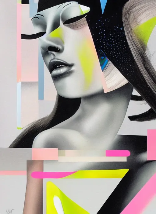 Image similar to futuristic lasers tracing, colorsmoke, fullbodysuit, pyramid hoodvisor, raindrops, wet, oiled, beautiful cyborg girl, by steven meisel, kaws, rolf armstrong, mondrian, kandinsky, perfect geometry abstract acrylic, octane hyperrealism photorealistic airbrush collage painting, monochrome, fluorescent colors, minimalist rule of thirds, eighties eros