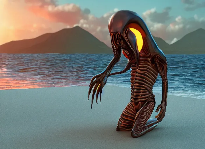 Image similar to symmetrical - face!!! a xenomorph alien relaxing on a beach in jamaica, cinematic lighting, sunset, 8 k - resolution!!, hyperrealism, national geographic, award winning, artstation, unreal engine 5, octane, redshift