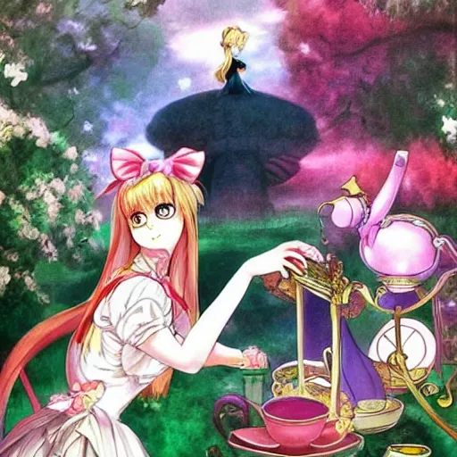 Prompt: Alice in wonderland in the style of shojo manga, Sailor moon, John Singer Sargent, mysterious atmosphere, tea party