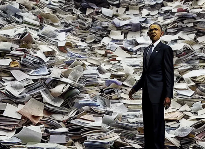 Prompt: obama nervously standing by a mountain of papers, film still in the new batman movie, 4 k