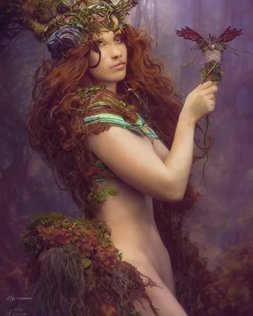 Image similar to dryad, stern like athena, a singer, portrait, swooning with forest creatures, studio lighting by jessica rossier and brian froud and gaston bussiere