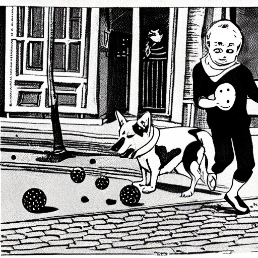 Image similar to illustration of french boy on the streets of paris playing football against a corgi, the dog is wearing a polka dot scarf, comic, 1 9 6 6