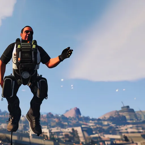 Prompt: using a jetpack in GTA V, 8K