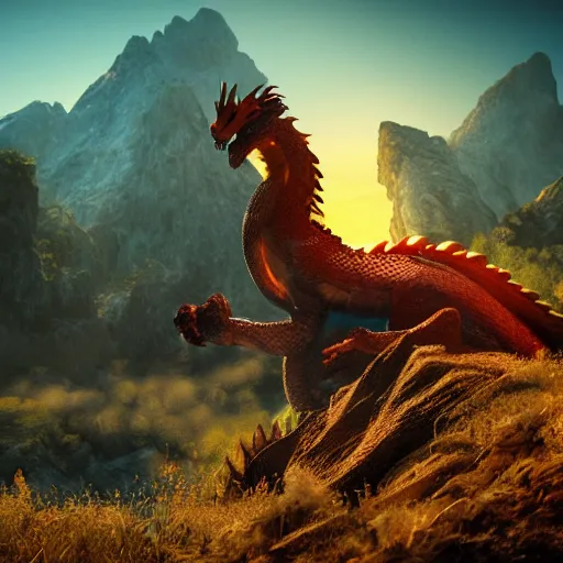 Image similar to dragon sitting by a cavern, sunrise, ultra photorealistic, 8k, cinematic, dramatic