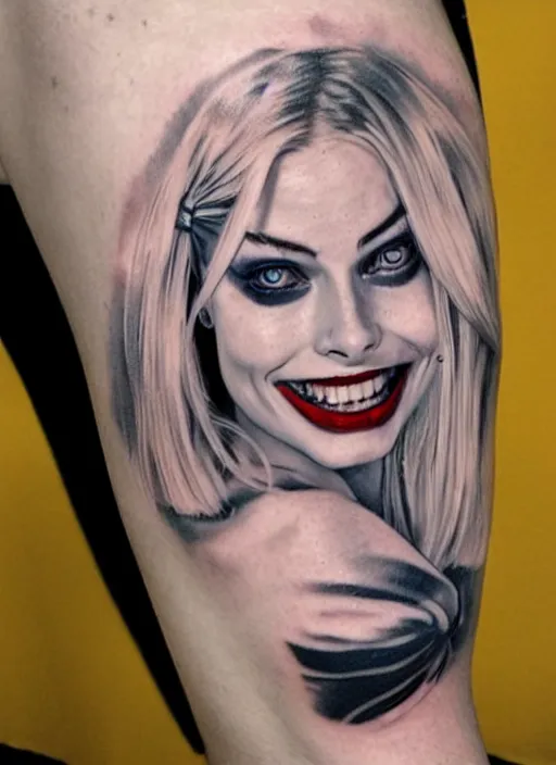 Image similar to tattoo design of margot robbie as harley quinn with a little smile, holding ace card, in the style of den yakovlev, realistic face, beautiful face, black and white, realism tattoo, hyper realistic, highly detailed