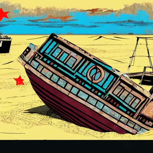 Image similar to an abandoned ship in the aral sea desert, in the style of daniel johnston and outsider art, 8 k, line brush, overlaid with chinese adverts