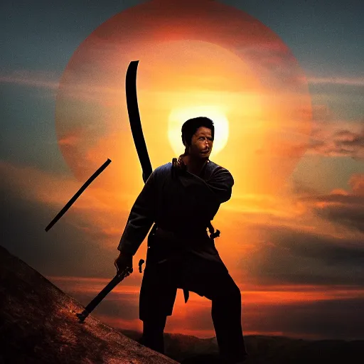 Image similar to epic movie cover depicting a samourai facing the sunset, cinematic lighting