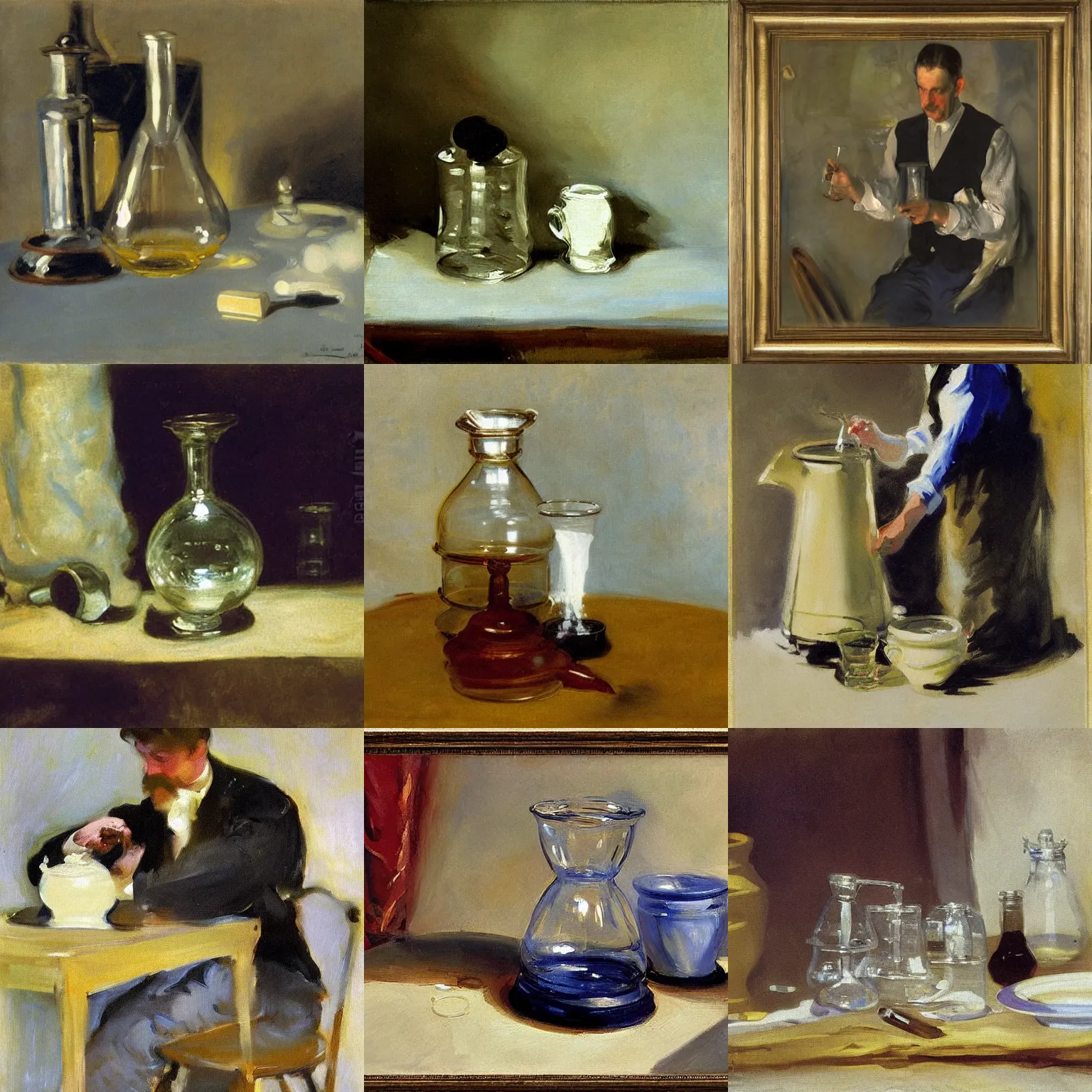 Prompt: chemistry beaker of boiling water, john singer sargent, oil on canvas