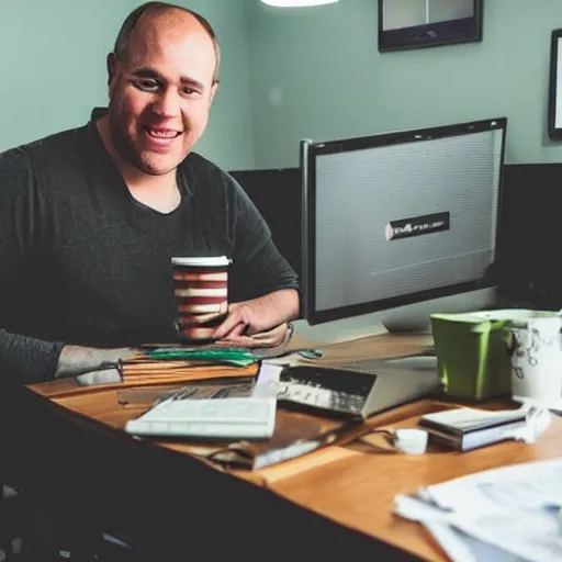 Prompt: a photo of shrek in an office, doing work behind a computer, being bored, with a cup of coffee next to him.