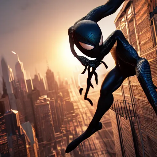 Image similar to a single venom and spider - man hybrid, dslr, cinematic, volumetric lighting, 8 k resolution, photorealistic