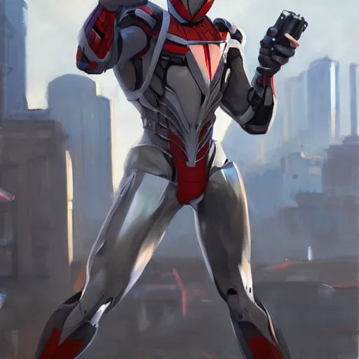 Image similar to greg manchess portrait painting of armored spiderman ultraman grey fox from metal gear cyborg japanese - american hybrid as overwatch character, medium shot, asymmetrical, profile picture, organic painting, sunny day, matte painting, bold shapes, hard edges, street art, trending on artstation, by huang guangjian and ail elvgren and sachin teng