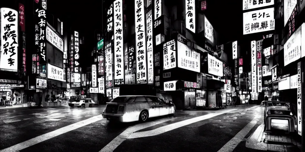 Image similar to Noir Cyberpunk Tokyo with neon signs in Japanese in Monochrome. Symbolism, Detailed Art, 8K, Epic, Dynamic Light.