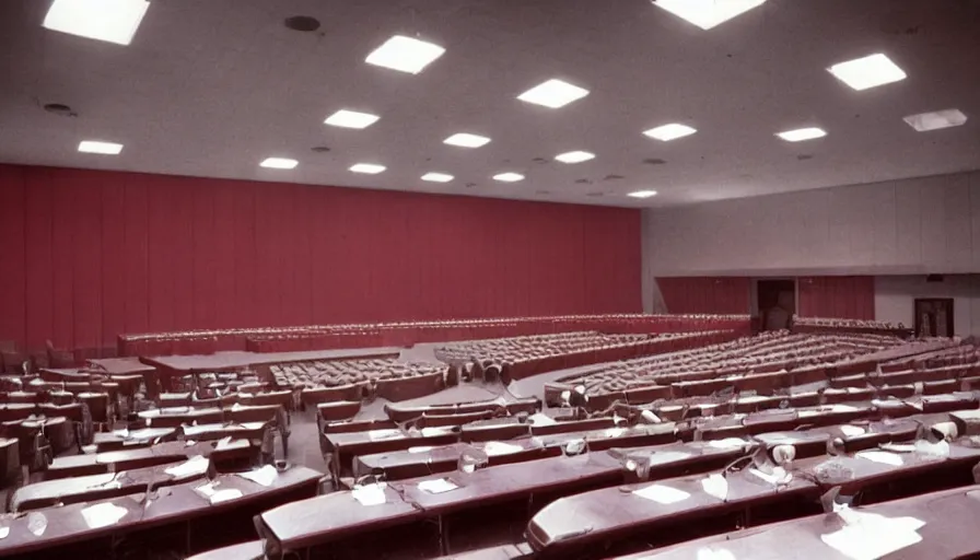 Image similar to 60s movie still of a sovietic stalinist style empty soviet congress with red wall, LOMOCHROME PURPLE FILM 100-400 35MM, liminal Space style, heavy grain