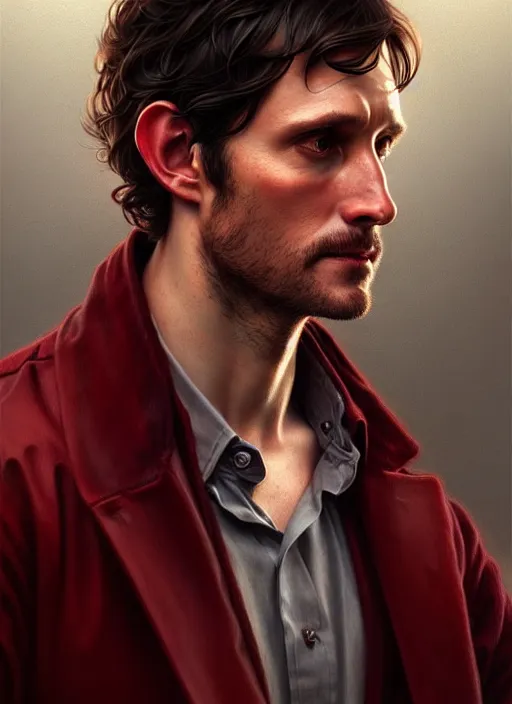 Image similar to ultra realistic illustration, handsome will graham. dark red, blood, intricate, highly detailed, digital painting, artstation, concept art, smooth, sharp focus, illustration, art by artgerm and greg rutkowski and alphonse mucha and wlop