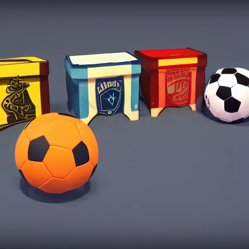 Prompt: soccer lootbox in the style of peter tarka, 3 d, octane, game, artstation