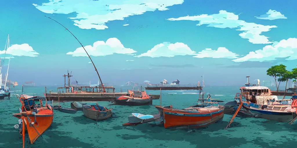 Image similar to pulau indah jetty, boat in foreground, fishing town in background, early morning, detailed matte painting, low angle view, telephoto lens, bokeh, studio ghibli, artstation