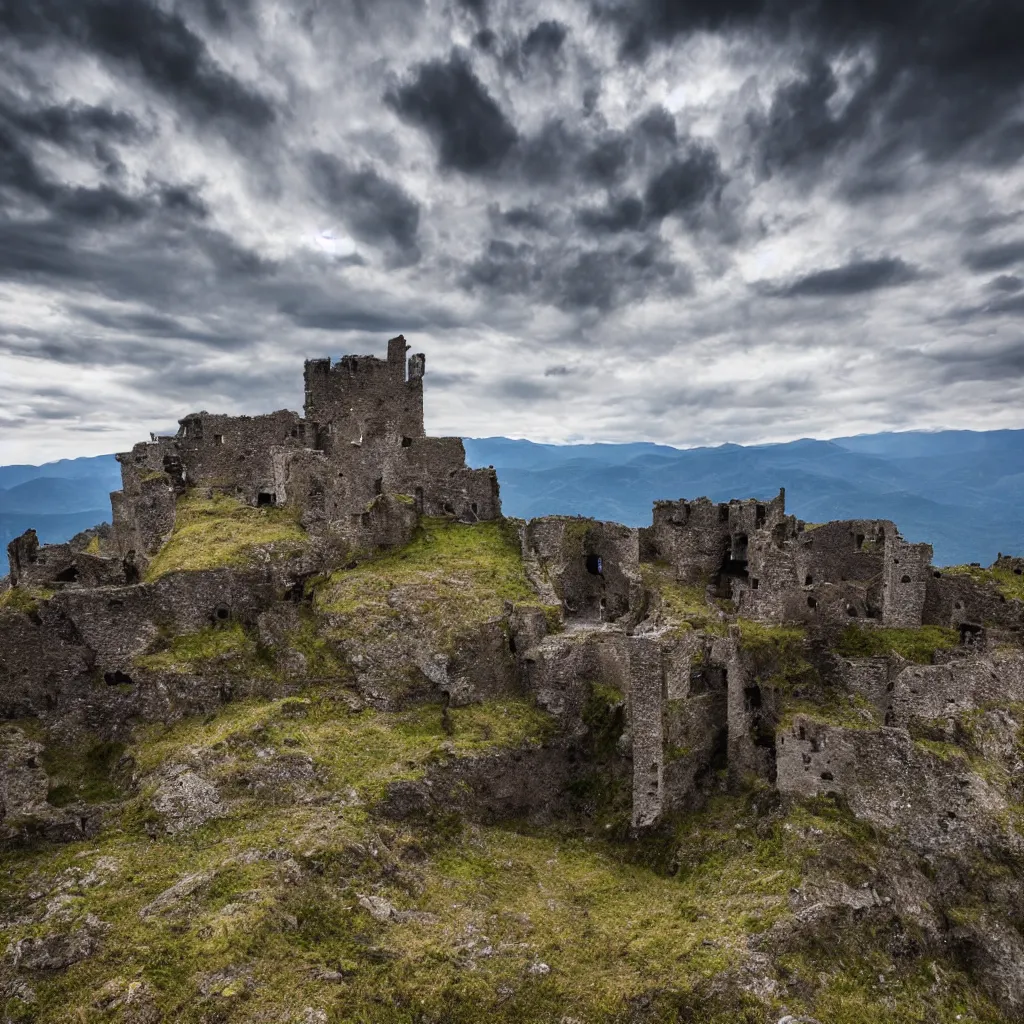 Image similar to photograph, a ruined castle on top of a big mountain, the photo was taken from very far away below the castke looking up at it, there are no other mountains around it, there is only sky in the background, day time, ambient lighting, exteme far up, ultra high detail, 8 k