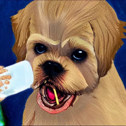 Prompt: golden shih tzu feeding on zombie corpse, photorealism