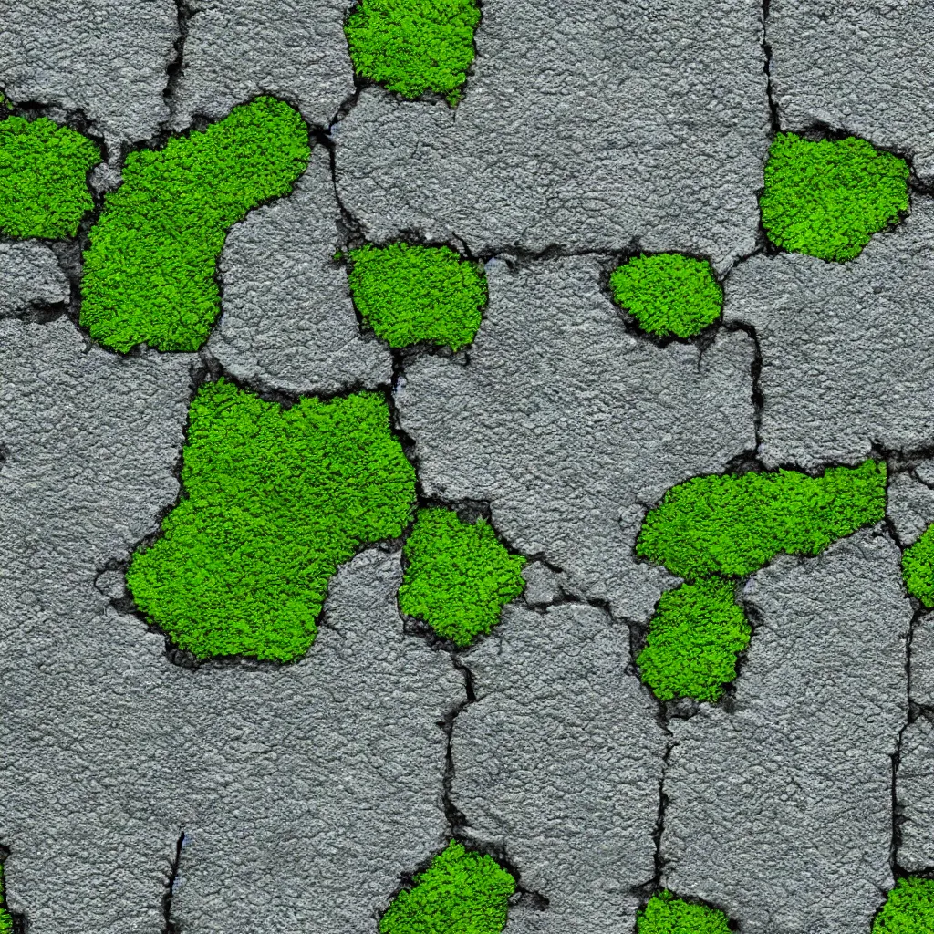 Prompt: videogame tileable texture of aged concrete with small green moss growing in the cracks.