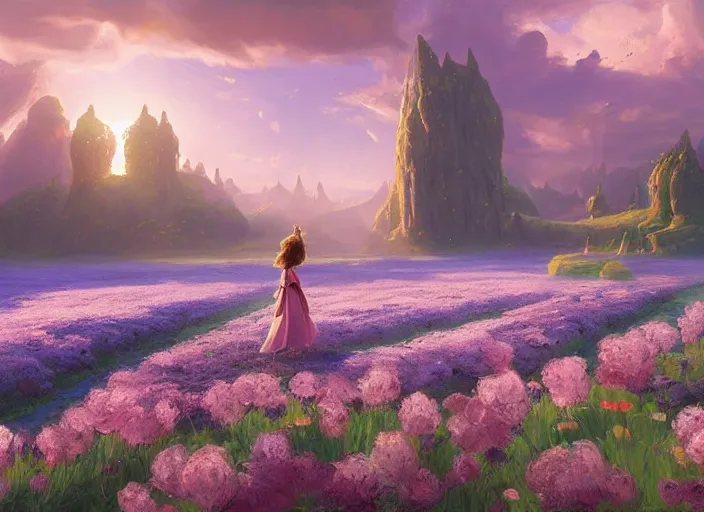 Image similar to a alone princess walks through a vast flower field in the cosmic sky by vladimir volegov and alexander averin and peder mørk mønsted and ross tran and raphael lacoste