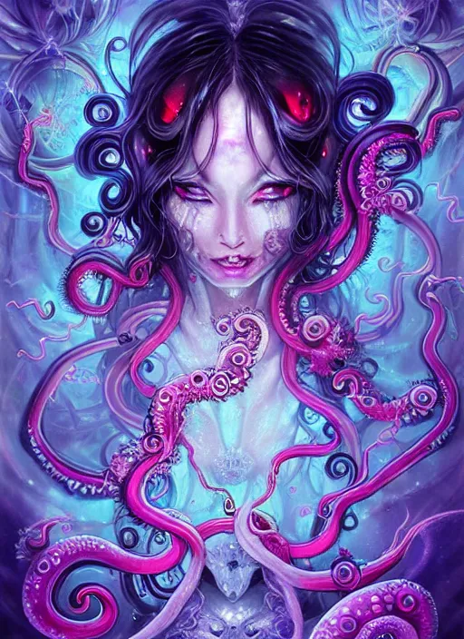 Image similar to A full shot of a dark fairy from the Abyss covered in opal. Symmetrical. Underwater. Lit from above. Dark foreboding Atmosphere. Sailor Moon. Tentacles. Kawaii. Neon glow. By Lisa Frank and HR Giger and Ross Tran. Key Art. Fantasy Illustration. award winning, Artstation, intricate details, realistic, Hyperdetailed, 8k resolution. Photoreal. Octane Render.