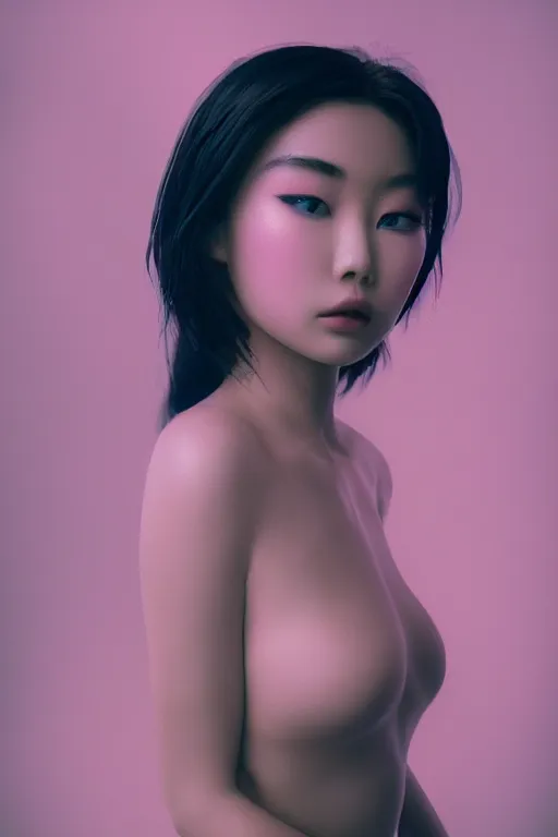 Prompt: insanely moody vaporwave portrait of a gorgeous asian beauty, motion blurred background, photorealism, cinema still, photography, porcelain skin, smooth, volumetric studio lighting, portrait photography, award winning photography, insane details, 8 k high definition, artstation