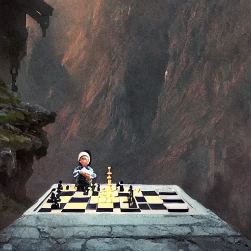 Prompt: cyberpunk baby playing chess at the top of a cliff monastery monks greg rutkowski