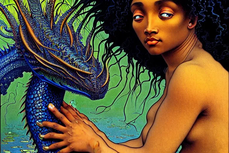 Image similar to realistic extremely detailed closeup portrait painting of a beautiful black woman, mutant dragon and a single old house on background by Jean Delville, Amano, Yves Tanguy, Alphonse Mucha, Ernst Haeckel, Edward Robert Hughes, Roger Dean, rich moody colours