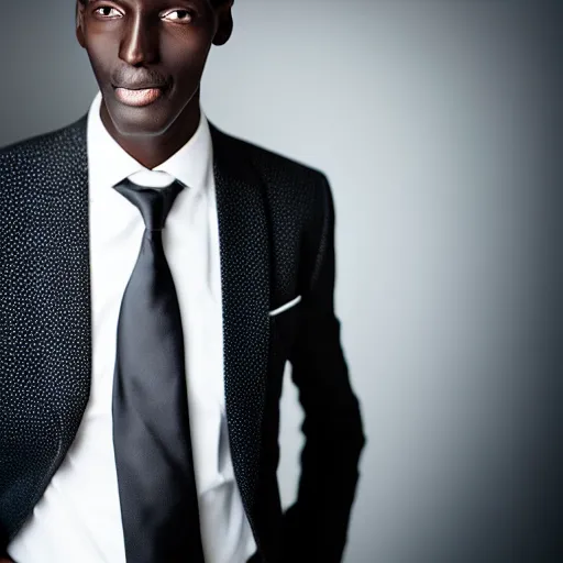 Image similar to A long tall man with white eyes, black skin, and a white suit and tie, National Geographic photography, bokeh, 8K