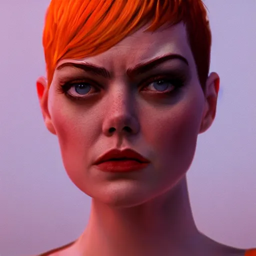 Image similar to Emma Stone as Furiosa by Ilya Kushvikov, symmetrical face concept art, octane render unreal engine meta humans, trending on artstation, desert, main colors orange, yellow, red and white