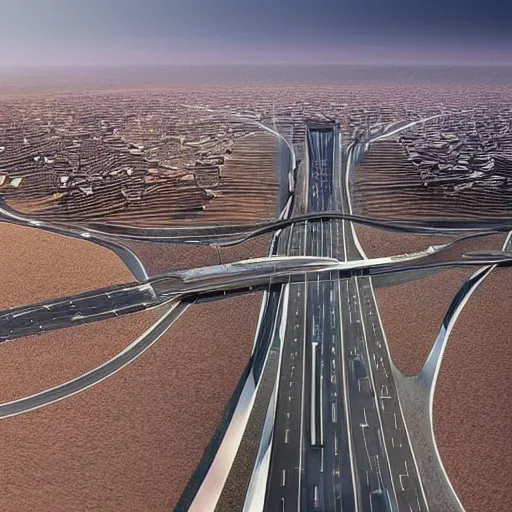 Prompt: Smart, Innovative & Sustainable City With Invisible Infrastructure and Urban Development neom linear city mirror wall highway roads desert futuristic aerial view