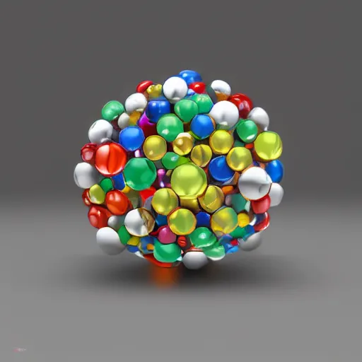 Prompt: classic 3 d model of molecule, made out of glass marbles and chrome steel rods, octane render, studio light, 3 5 mm, hyper realism