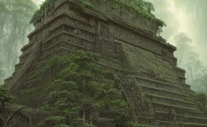 Prompt: mayan ruin, dense dark jungle, soft grey and green natural light, intricate, digital painting, artstation, concept art, smooth, sharp focus, illustration, art by greg rutkowski and luis rollo and uang guangjian and gil elvgren, symmetry!