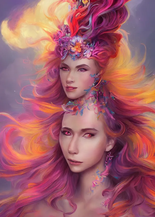 Image similar to a colorful and provenance illustrations painting of the fantasy female who with floral wing, highly detailed, her hair made of hair made of air wind and curling smoke, mist, dust, genie, spirit fantasy concept art, art by ketner and jeremiah, trending on artstation.