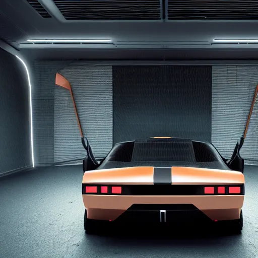 Image similar to a design of a futuristic DMC Delorian, designed by Polestar, blade runner background, back view, light copper car paint, black windows, sportscar, black show room, dramatic lighting, octane rendering, unreal engine rendering, hyper realistic render, depth of field, octane rendering