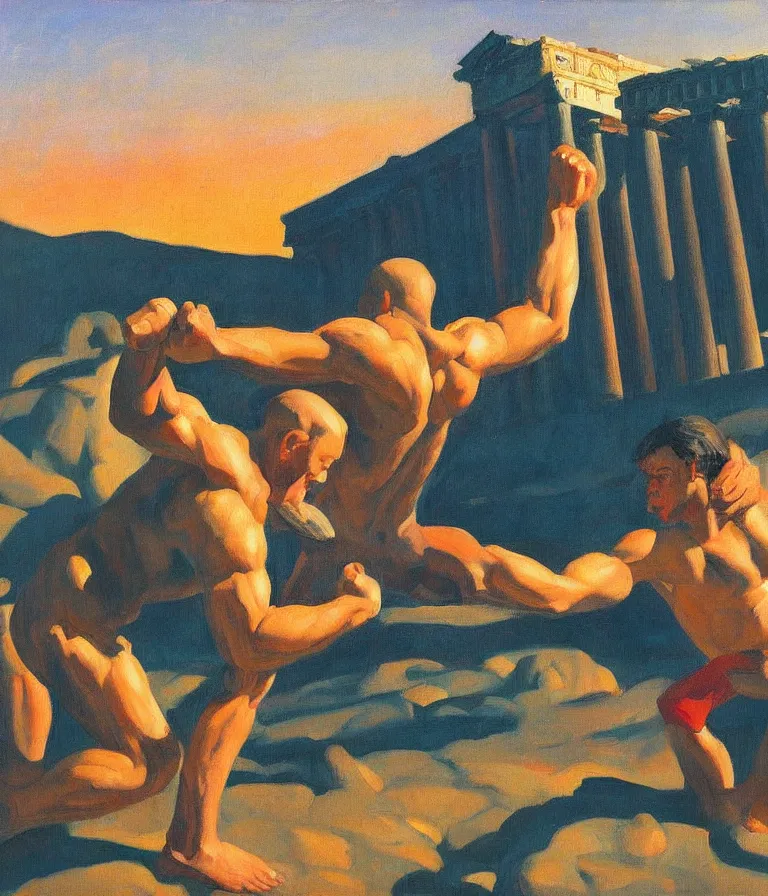 Prompt: Lush Painting of Sampson Crushing the Parthenon with his fists, oil painting by Edward Hopper sunset lighting