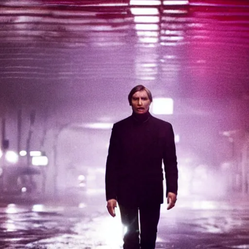 Prompt: mads mikkelsen in the pouring with red light shining on him, rain, film still, futuristic new york city, night time,