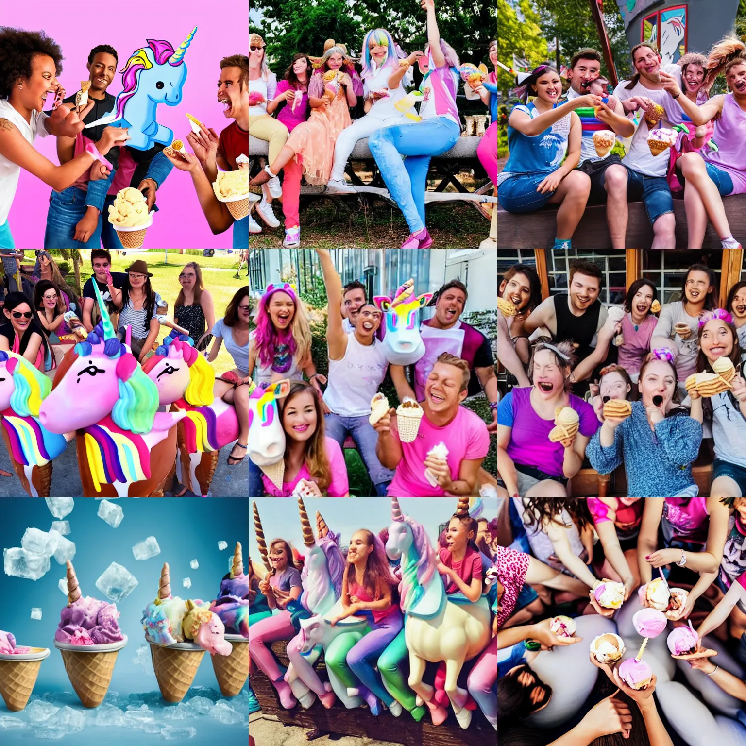 Prompt: A group of people riding a unicorn while eating ice cream