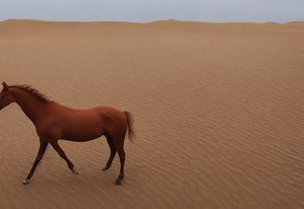 Image similar to a horse made out of flesh walking across sand dunes