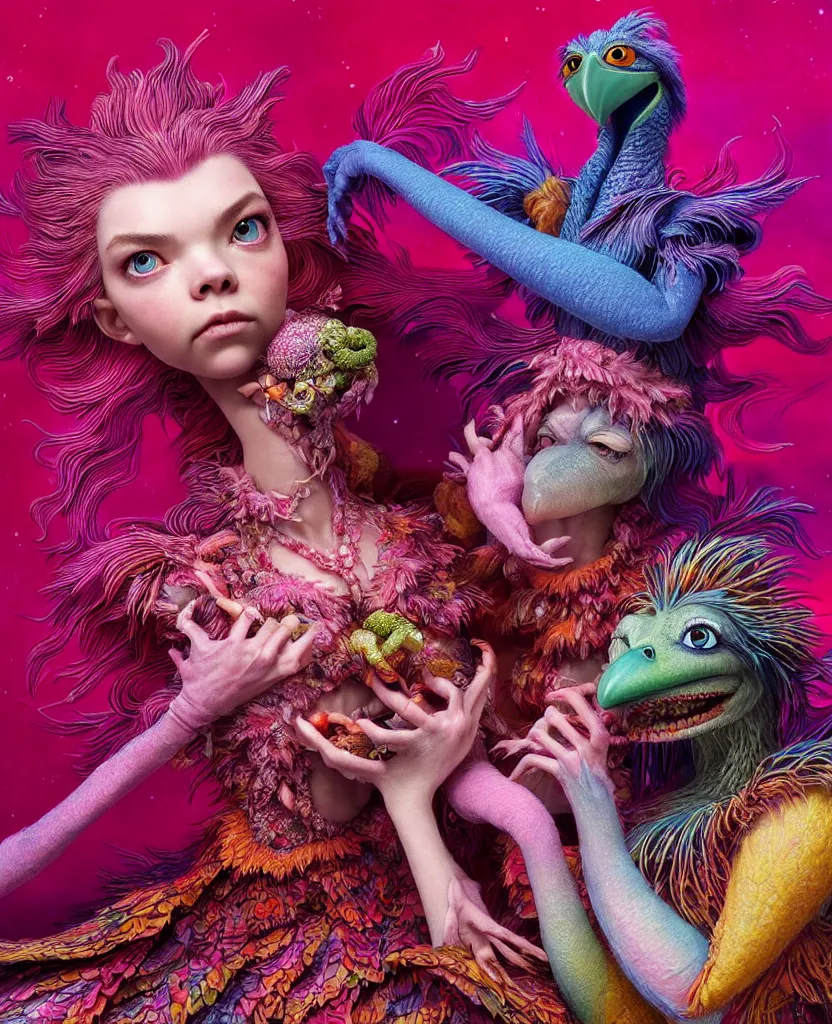 Image similar to hyper detailed 3d render like a Oil painting - kawaii portrait of two Aurora (a beautiful skeksis muppet fae princess protective playful expressive acrobatic from dark crystal that looks like Anya Taylor-Joy) seen red carpet photoshoot in UVIVF posing in scaly dress to Eat of the Strangling network of yellowcake aerochrome and milky Fruit and His delicate Hands hold of gossamer polyp blossoms bring iridescent fungal flowers whose spores black the foolish stars by Jacek Yerka, Ilya Kuvshinov, Mariusz Lewandowski, Houdini algorithmic generative render, golen ratio, Abstract brush strokes, Masterpiece, Edward Hopper and James Gilleard, Zdzislaw Beksinski, Mark Ryden, Wolfgang Lettl, hints of Yayoi Kasuma and Dr. Seuss, octane render, 8k