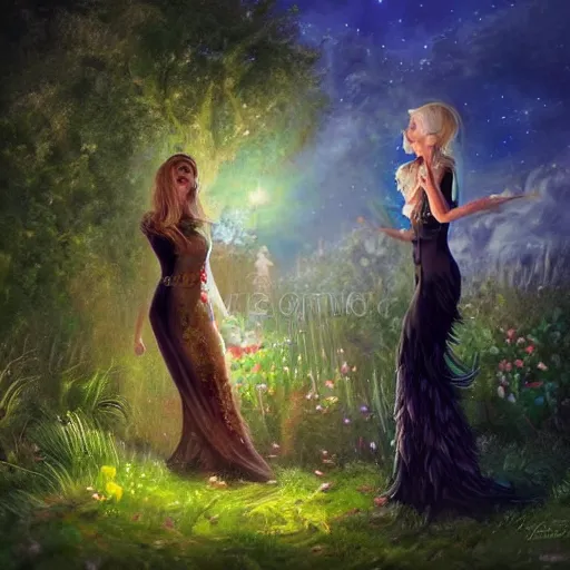 Image similar to blonde butch tomboy woman engineer standing beside taller dark fae feathered modest gothic woman, in a beautiful lush garden at night, falling in love, highly detailed, romantic, trending on art station, illustration, oil painting
