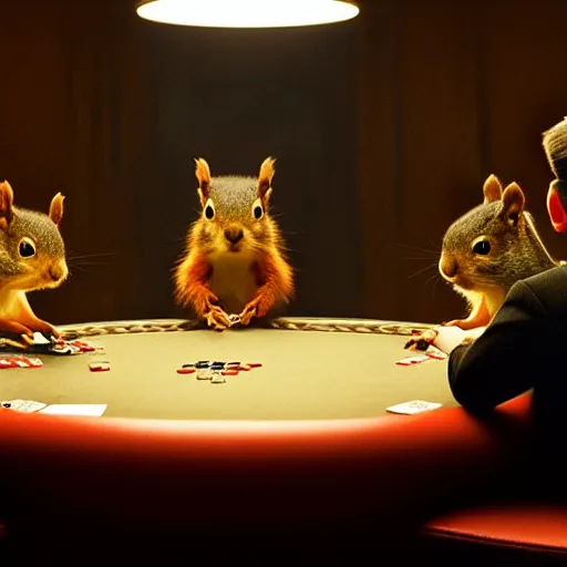 Prompt: still picture of a meeting of squirrels playing poker, dramatic lighting, perfect movie shot, color correction, color theory, macro, by Roger Deakins, by Andrew Thomas Huang