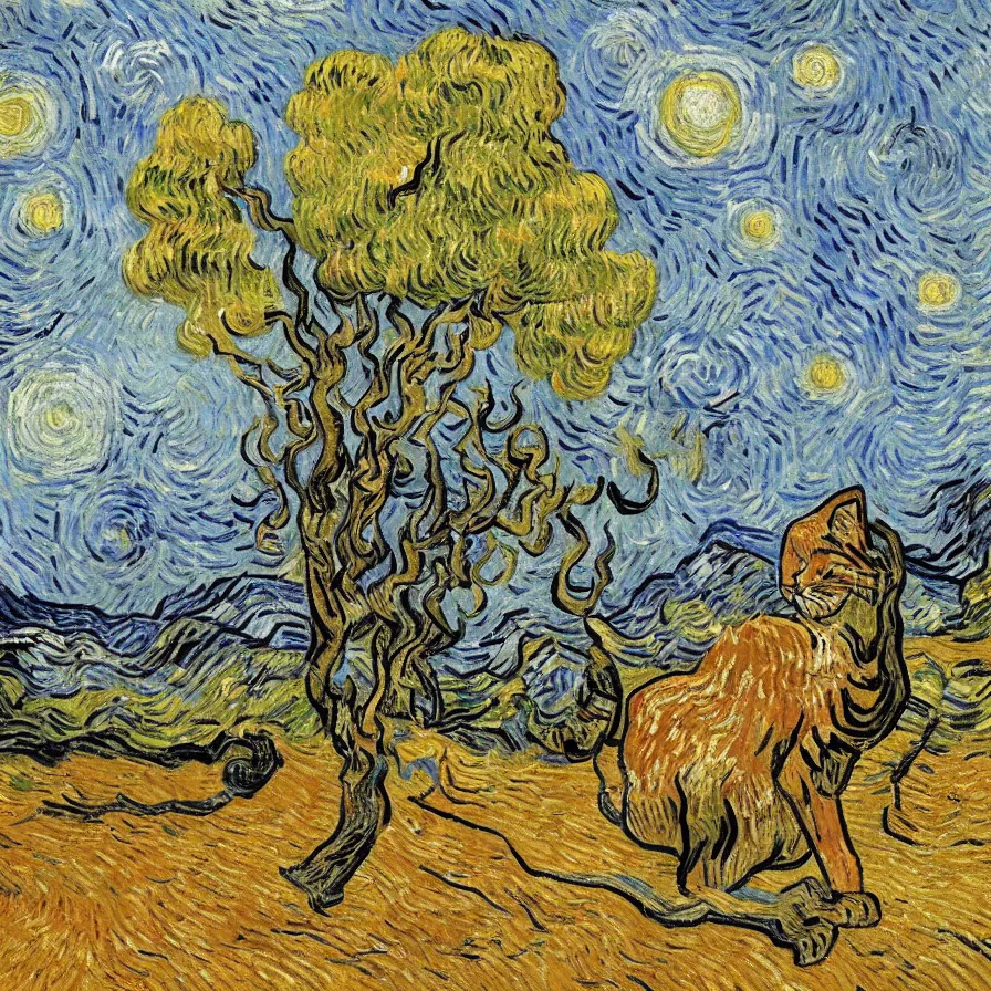 Prompt: painting by van gogh, cat, mouse, zebra, dancing in the rain, under a dry old tree