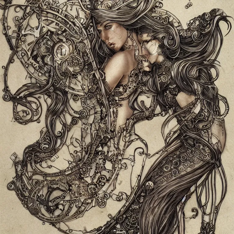 Image similar to ultra realistic illustration of a mermaid cyborg steampunk art nouveau filgree scrollwork, masterpiece, intricate, highly detailed, sharp