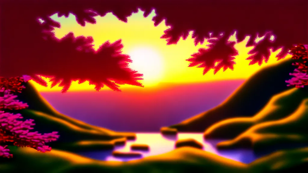 Image similar to featured on artstation cherry tree overlooking valley waterfall sunset beautiful image stylized digital art